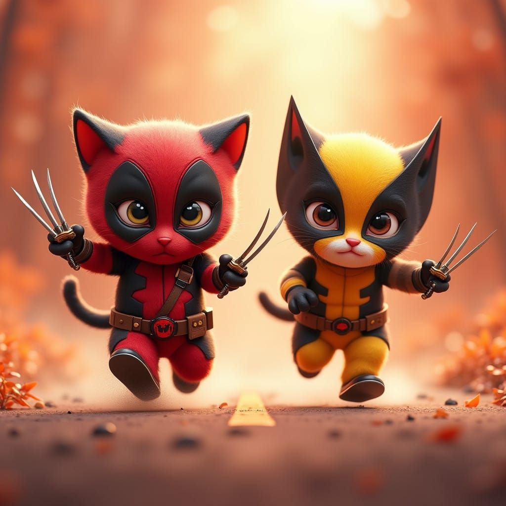 a light red-orange colour theme 

an 2 adorable little animated kittens with large eyes. 1 cat is wearing a deadpool cos...