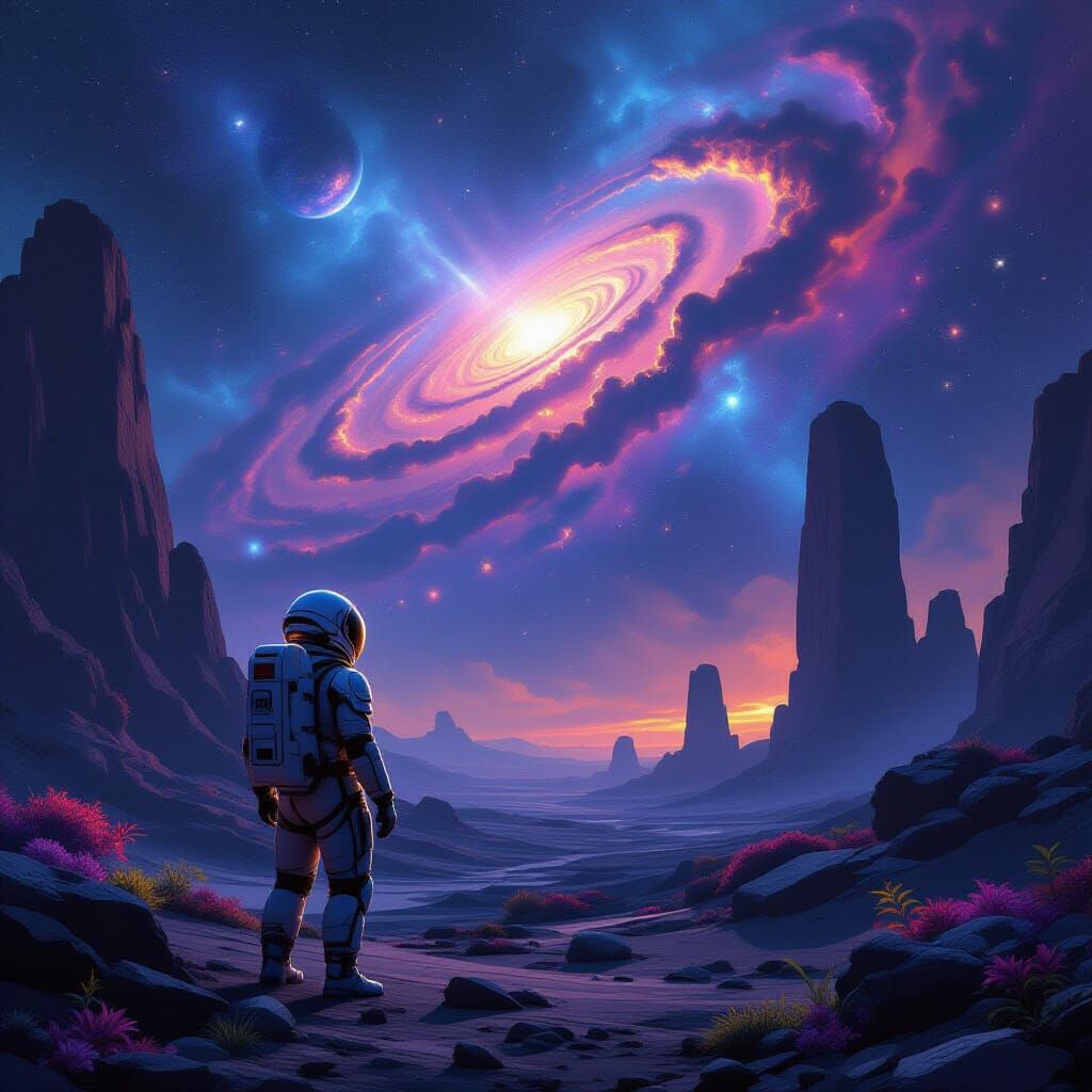 Astronaut on Alien Planet Gazing at Nebula