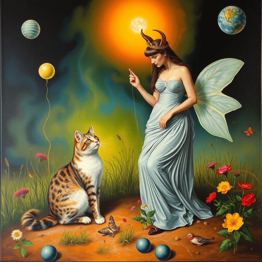 Cat and Wonder Woman in Surreal Garden Scene