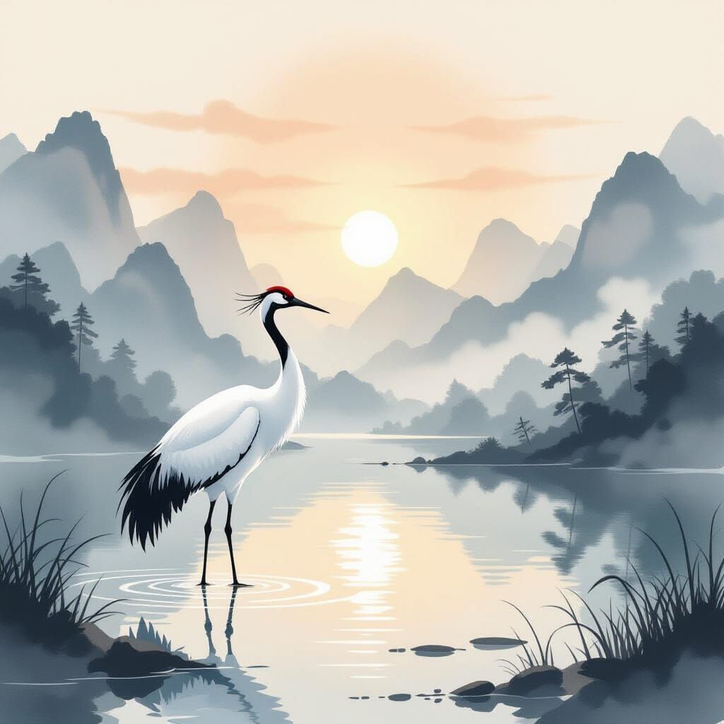 Majestic Crane in Serene Sunrise Pond, East Asian Ink Wash S...