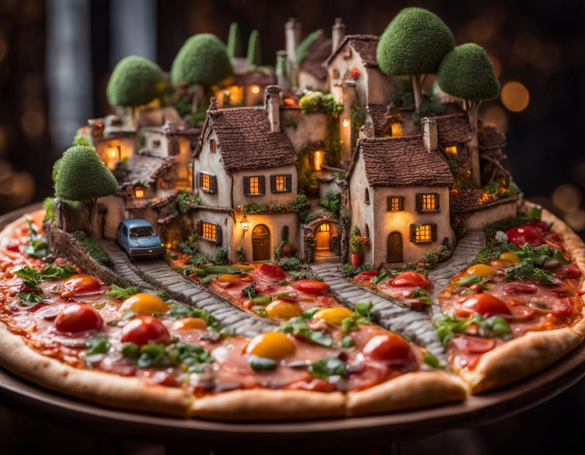Miniature Italian Village on Pizza, 3D Rendered