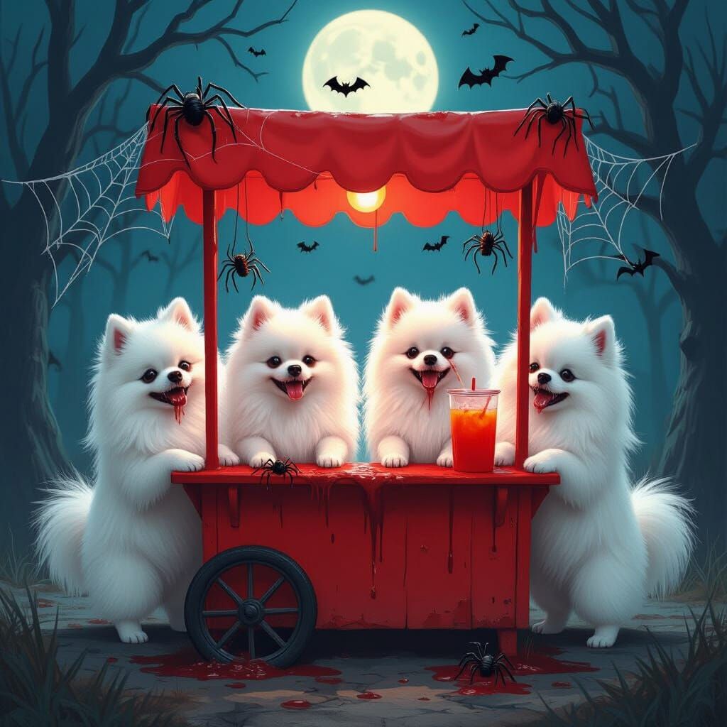 Pomeranian Zombie Lemonade Stand on Haunted Moonlit Night