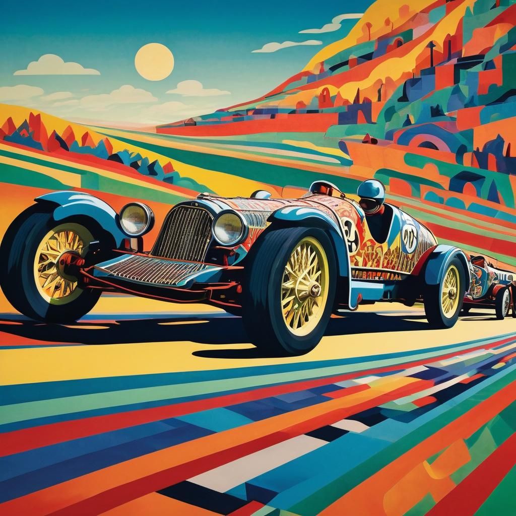 1920s Race Cars in Naive Folk Art Style