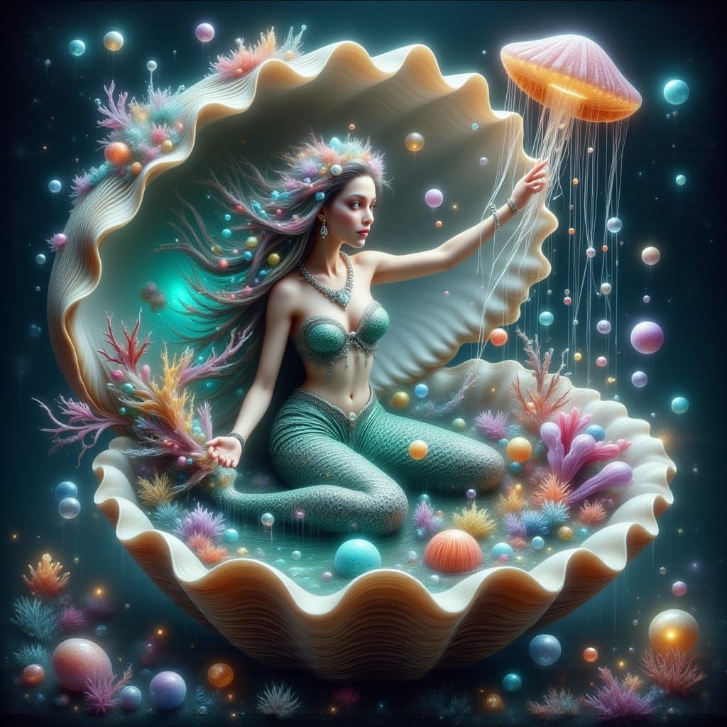 Whimsical Mermaid in Shell Sanctuary