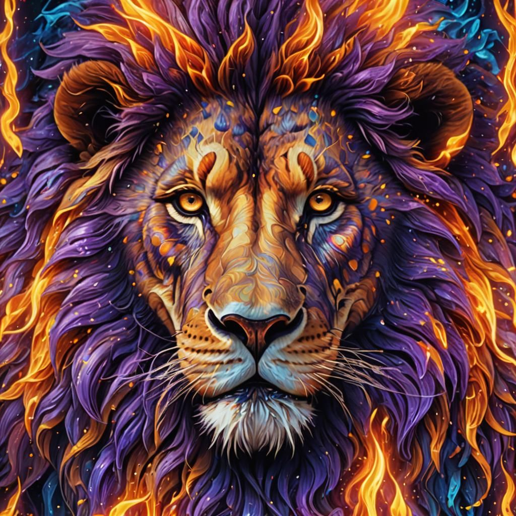 Fiery Lion Fractal Portrait in Digital Art