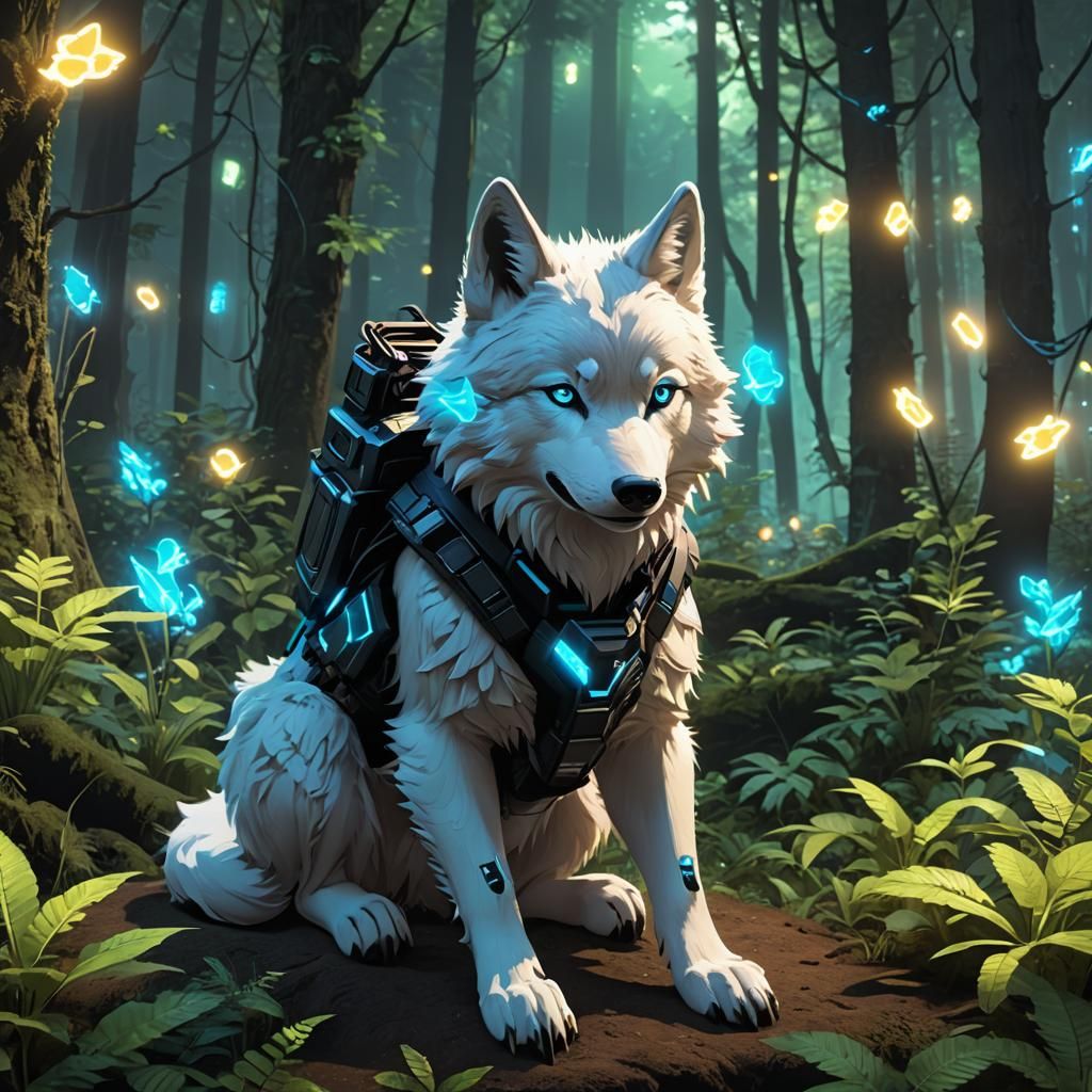 Cute Gamer Wolf in Bioluminescent Forest, Anime Art