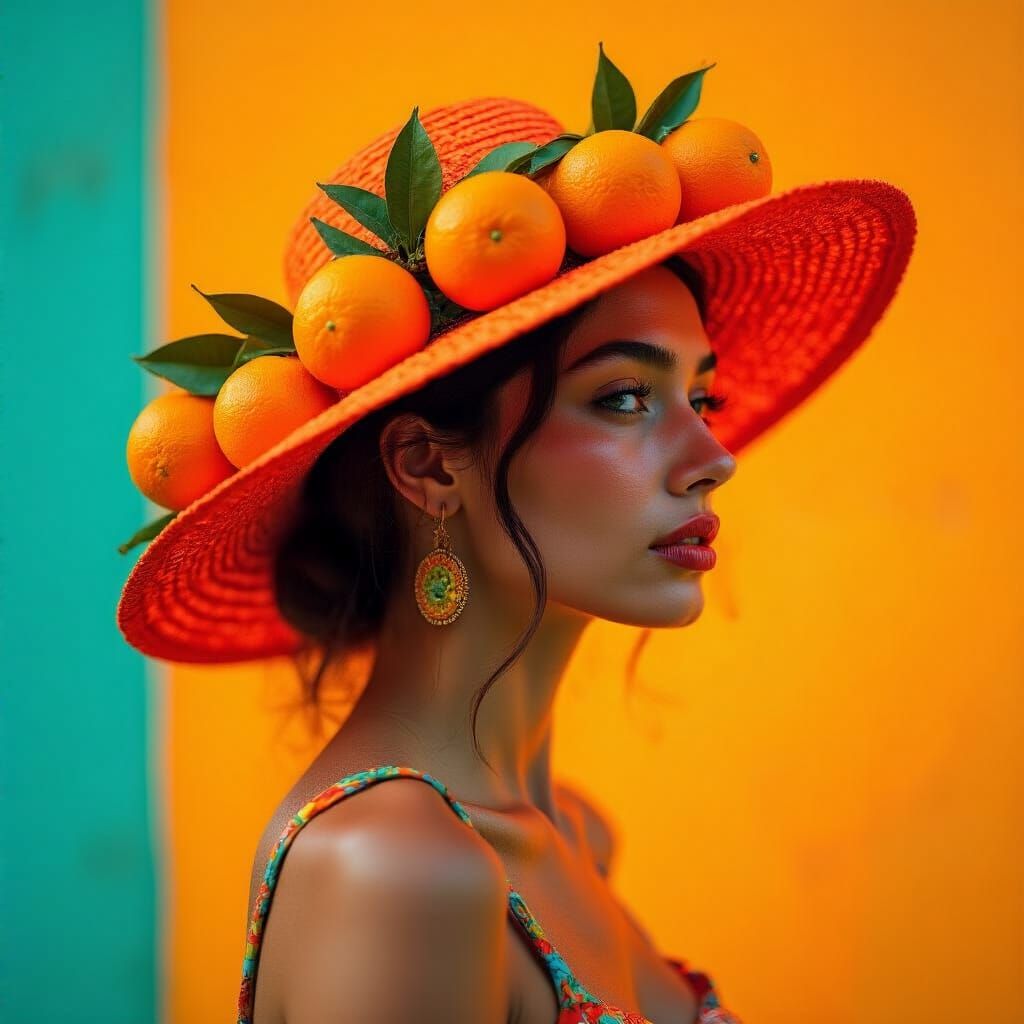 Brazilian Woman in Orange Hat: Photorealistic Portrait