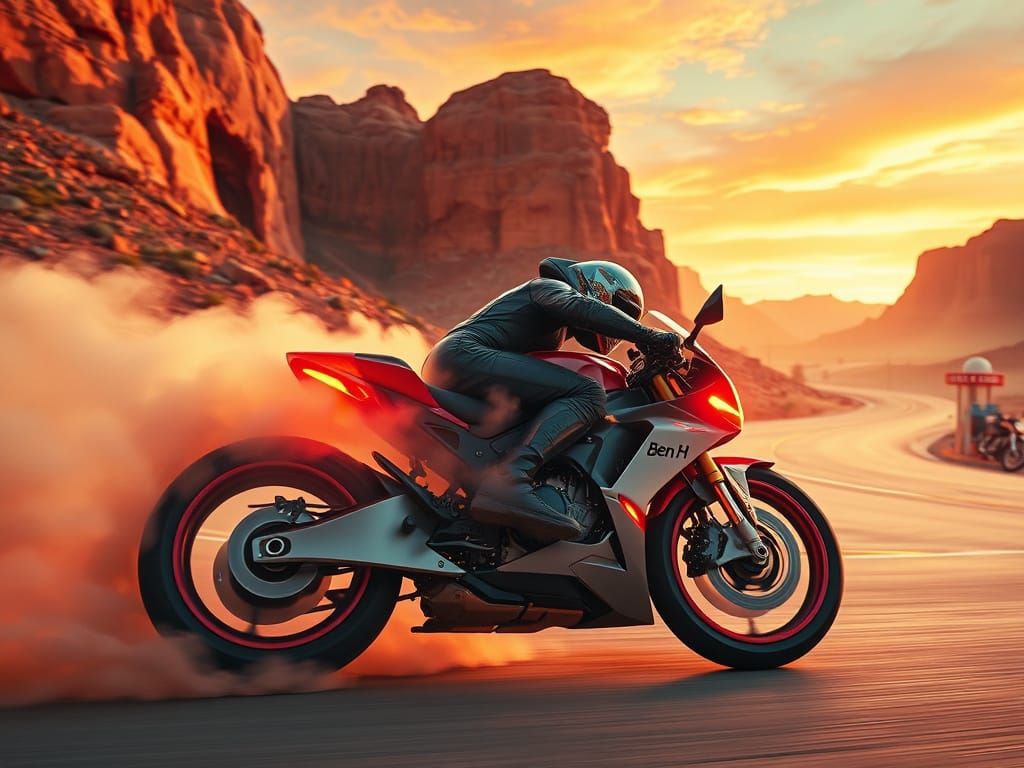 Futuristic Motorcycle Speeds Through Desert Canyon