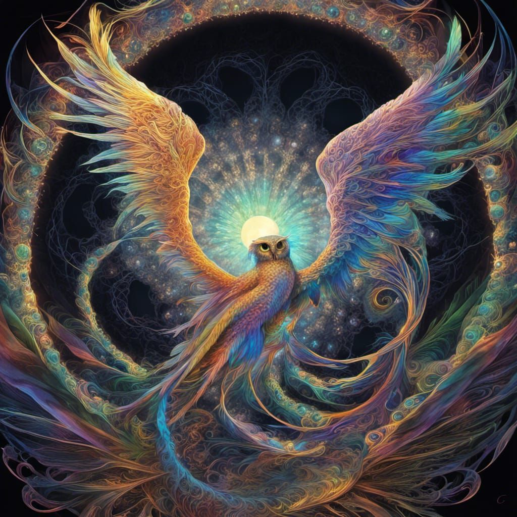 Bioluminescent Fractal Owl in Surreal Landscape