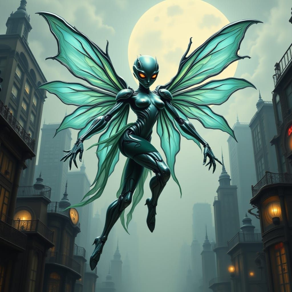 Cyborg Fairy Flight Over Dystopian City