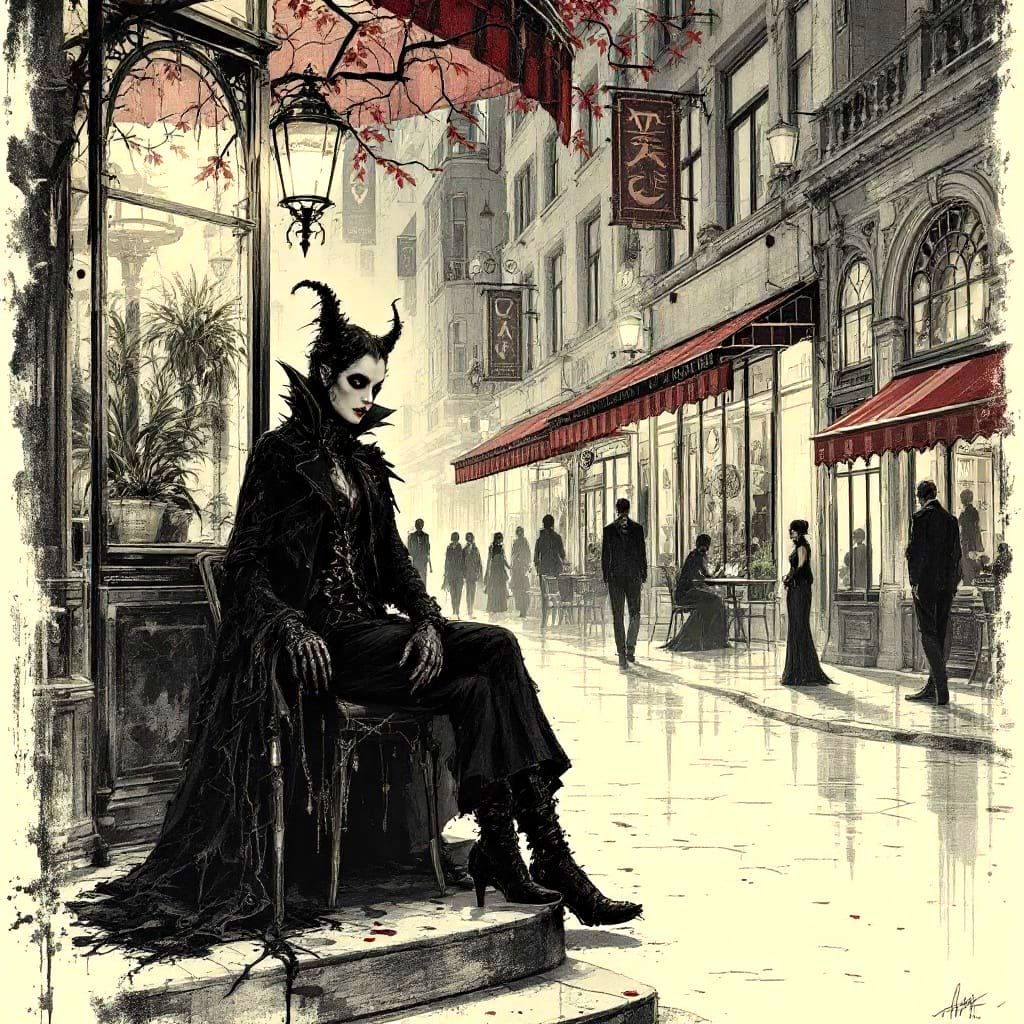 Steampunk Café at Twilight in Dark Fantasy Realism