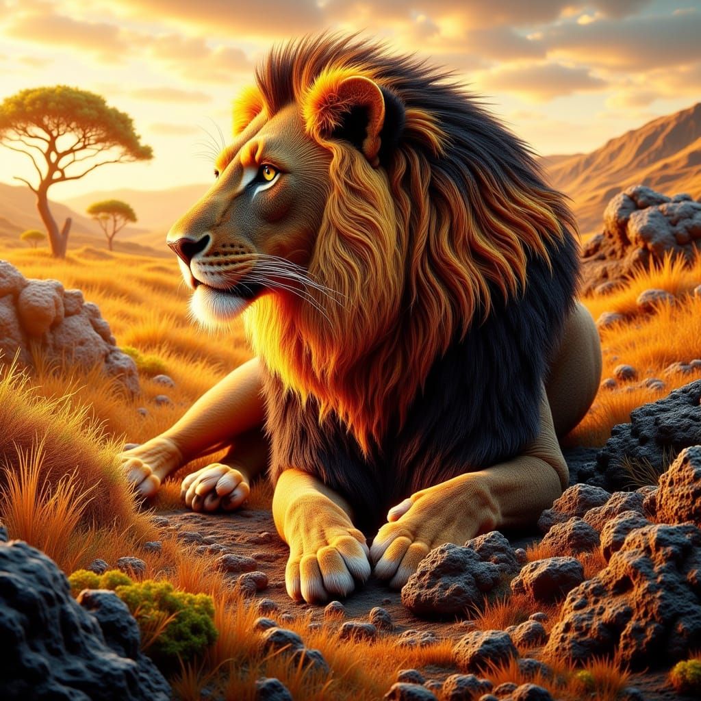Regal Lion in Futuristic Savannah Landscape