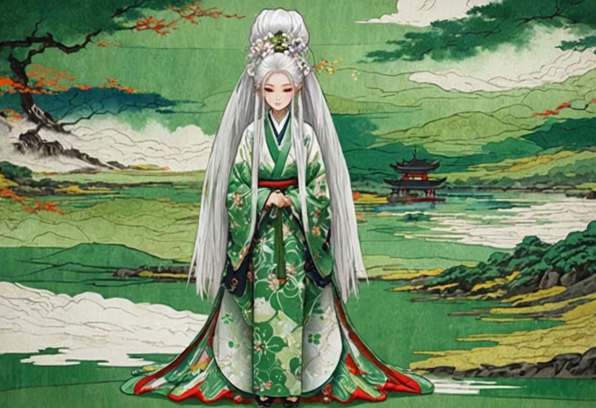 Asian Woman in Kimono: Abstract Art with Fine Details