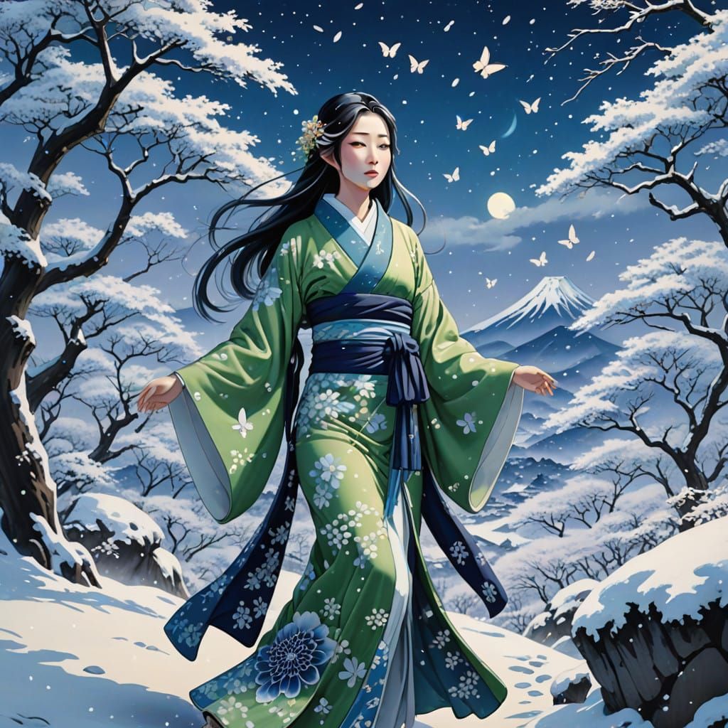 Serene Yuki-Onna Ascends Snowy Mountain in Ethereal Glow