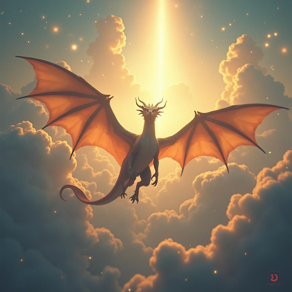 Dragon with Angel Wings in Heavenly Landscape