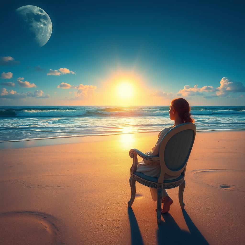 Golden Beach Scene with Stylish Woman in Fantasy Art