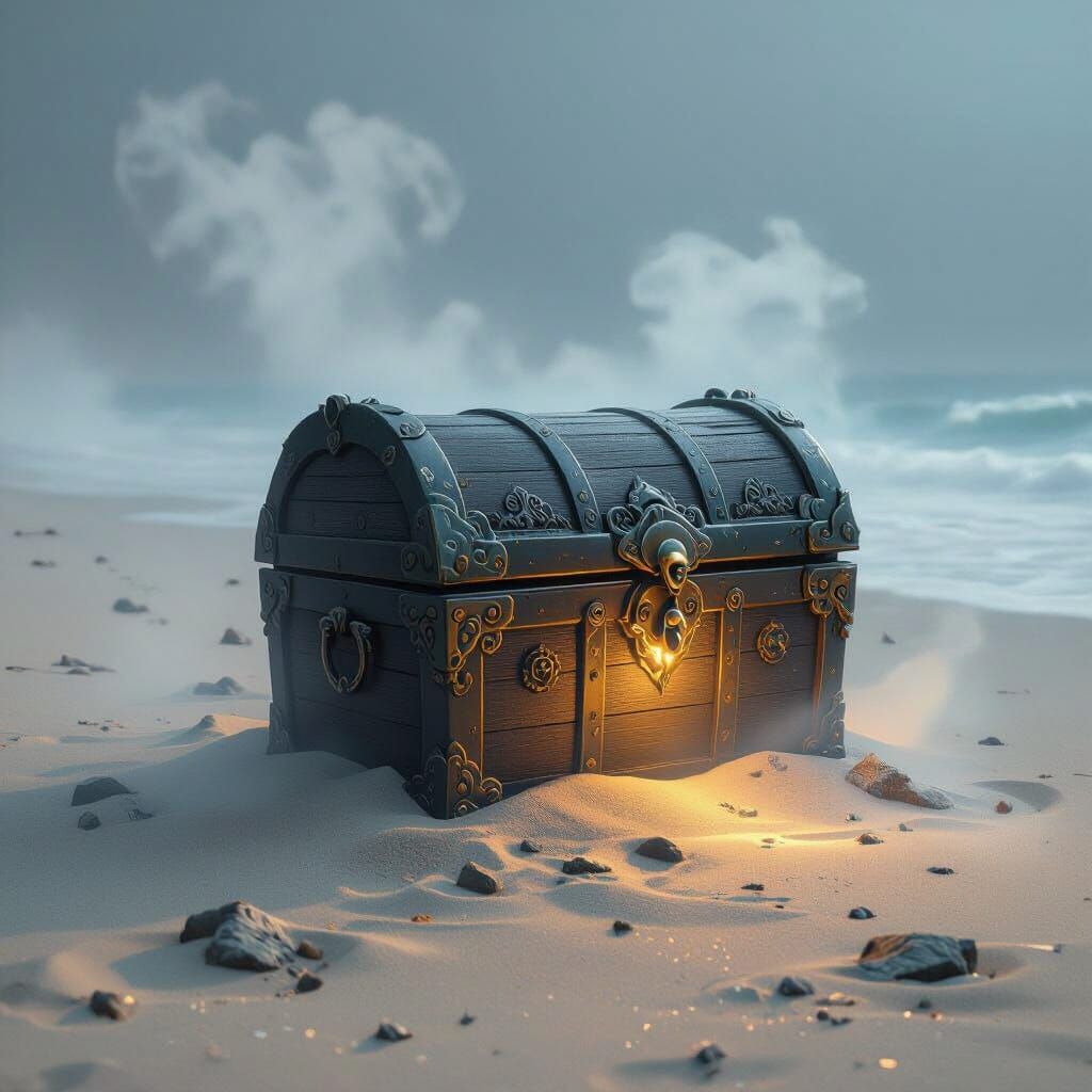 Ornate Treasure Chest on Desolate Beach in Chinese Ink Style