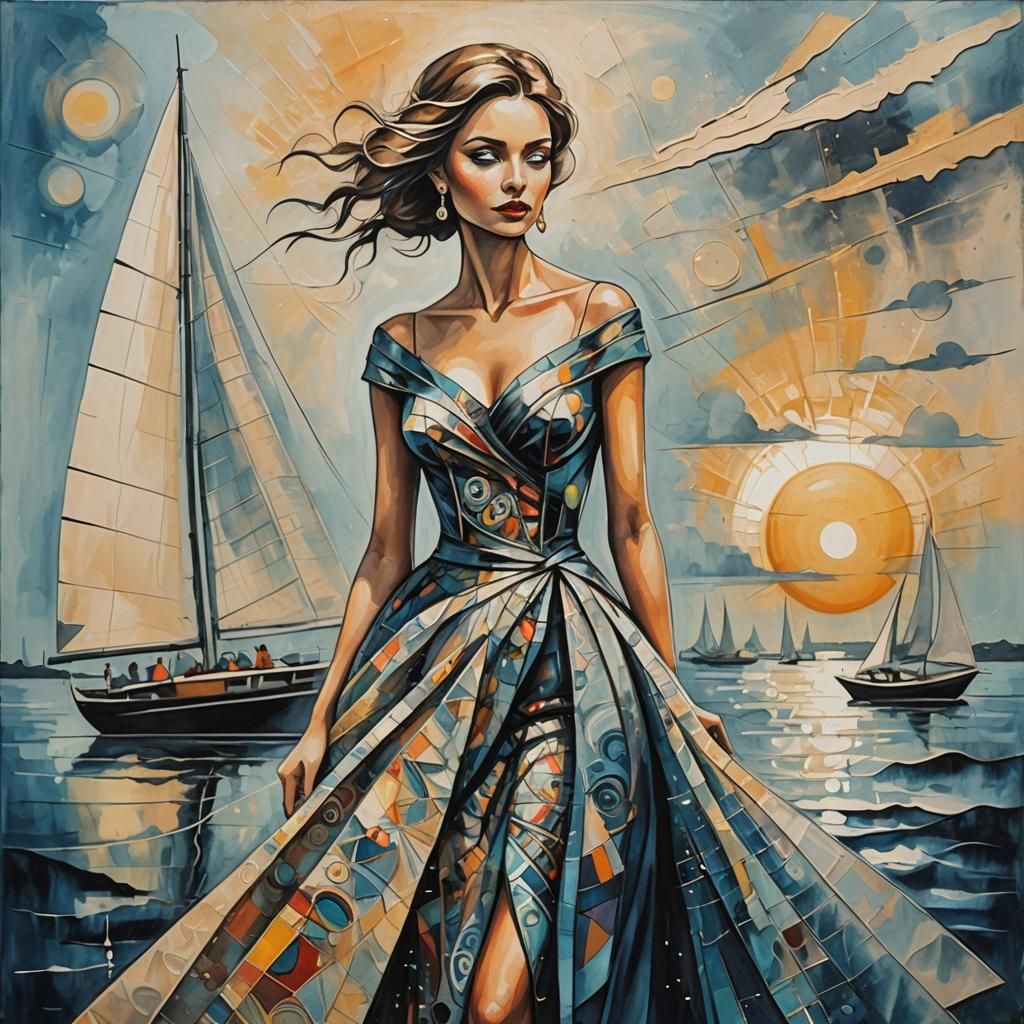 Woman on Sailboat at Sunrise: Abstract Airbrush Art