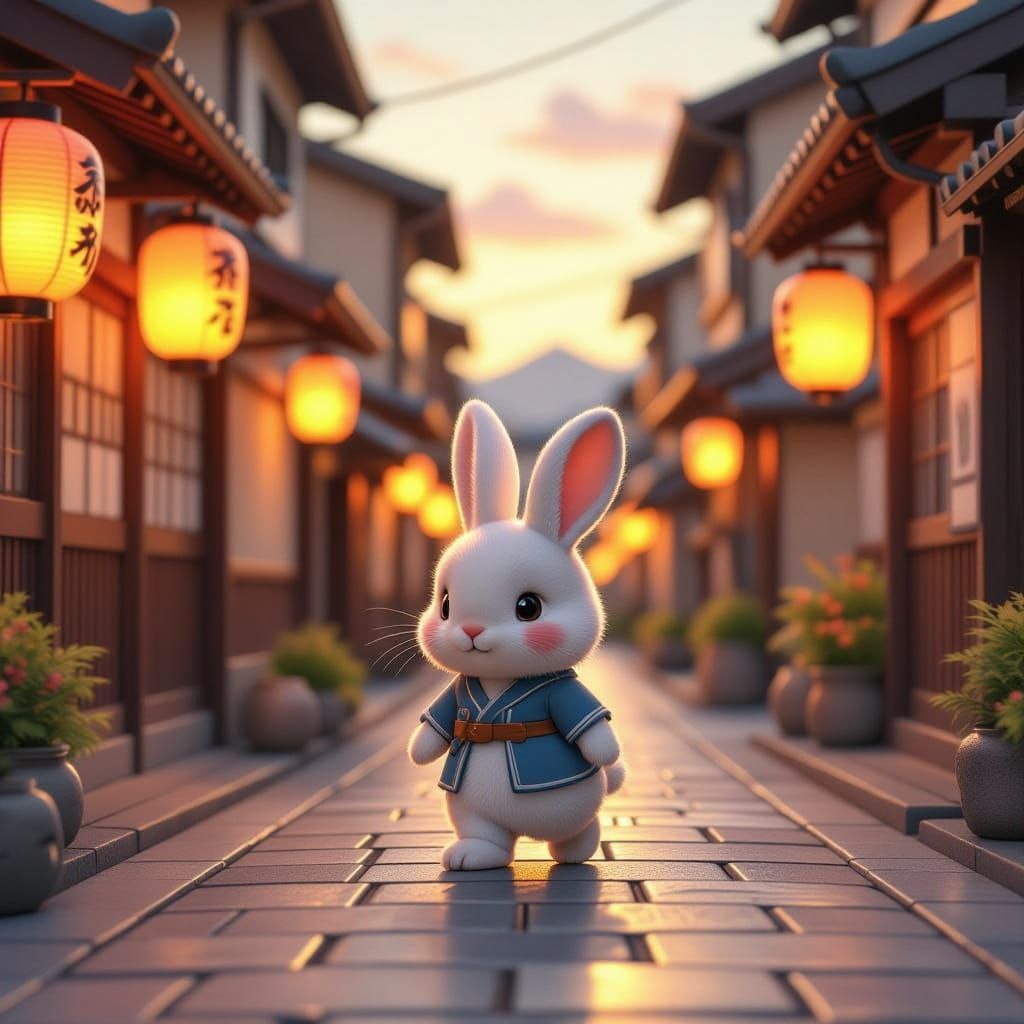 Blue Miffy Rabbit in Golden Hour Japanese Streets