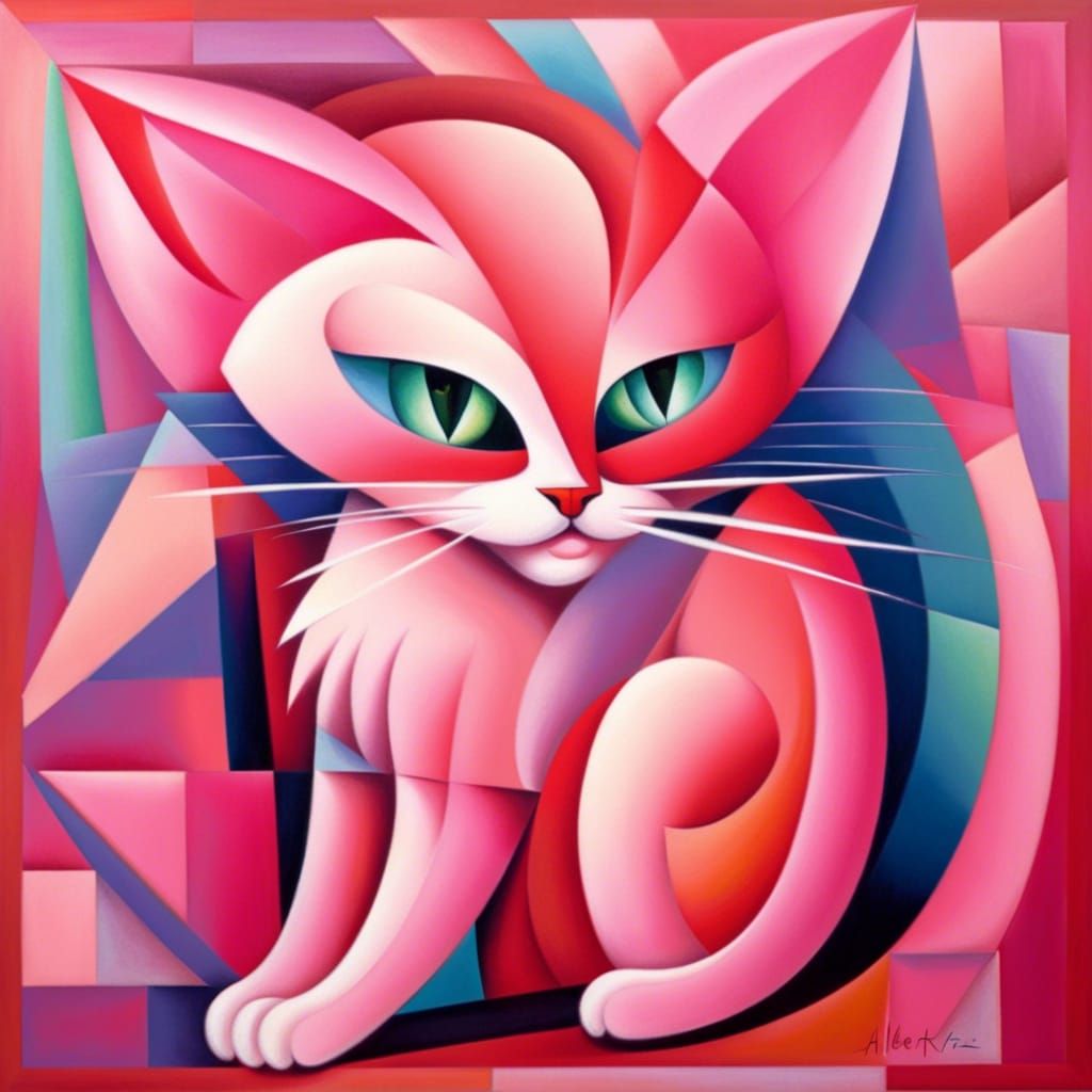 Fluffy Pink Kitten in Abstract Cubist Style