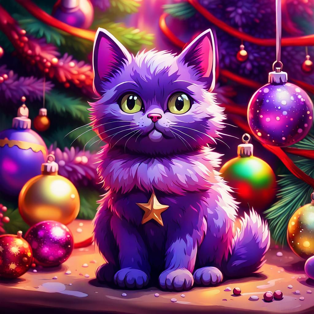 Cute Purple Cat Celebrates Christmas in Gouache Style