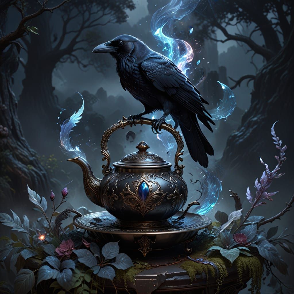 Ancient Raven Perched on Steaming Teapot in Misty Landscape