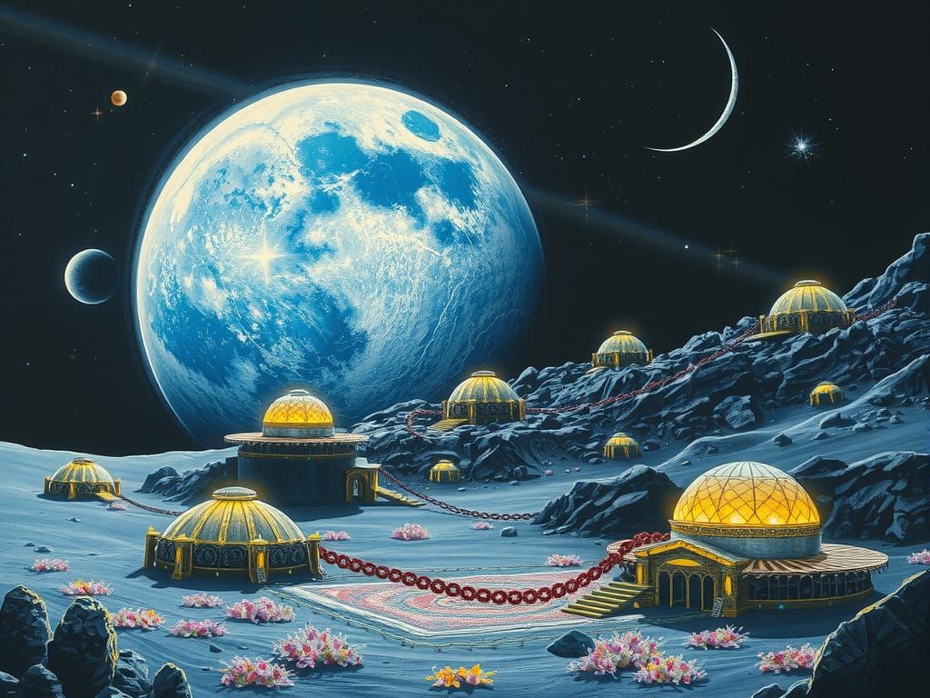 Solarpunk Settlement on the Moon with the Earth in the Night...