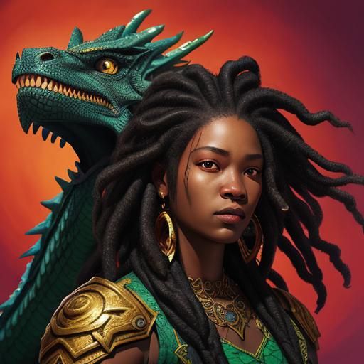 Black Woman with Locs and Dragon, Hyperrealistic Art