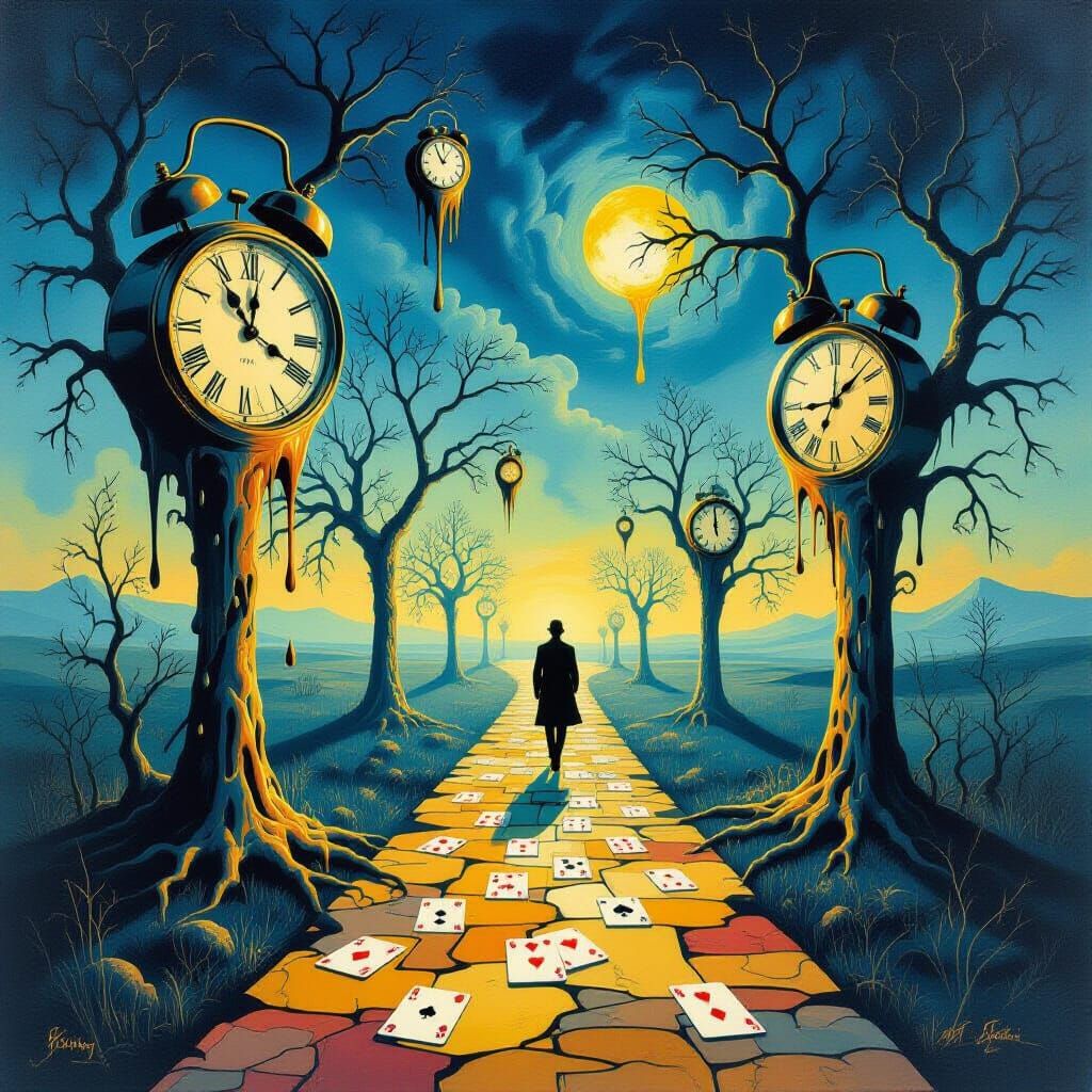 Surreal Melting Clocks in Dreamlike Landscape