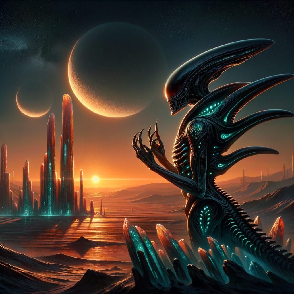 Alien Queen Surveys Desert Under Binary Sunset