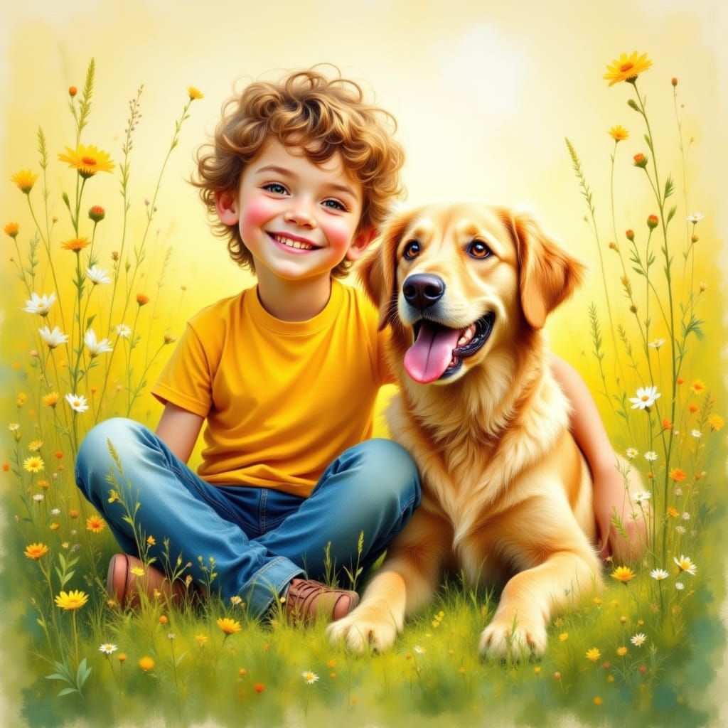 Boy and Dog in Sunny Meadow, Storybook Illustration