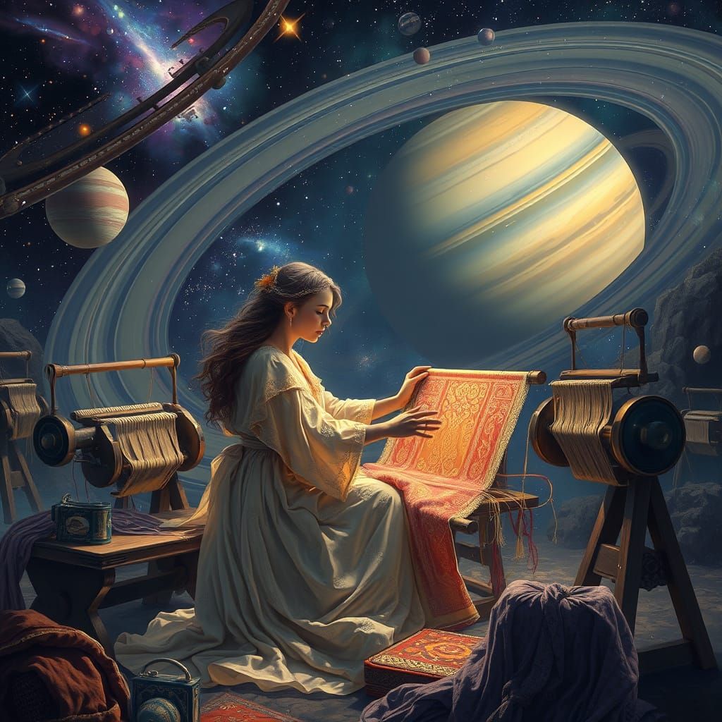 Celestial Seamstress Weaving Starlight Tapestries, Art Nouve...