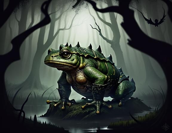 Menacing Bullywug in Misty Swamp: Art Nouveau Style