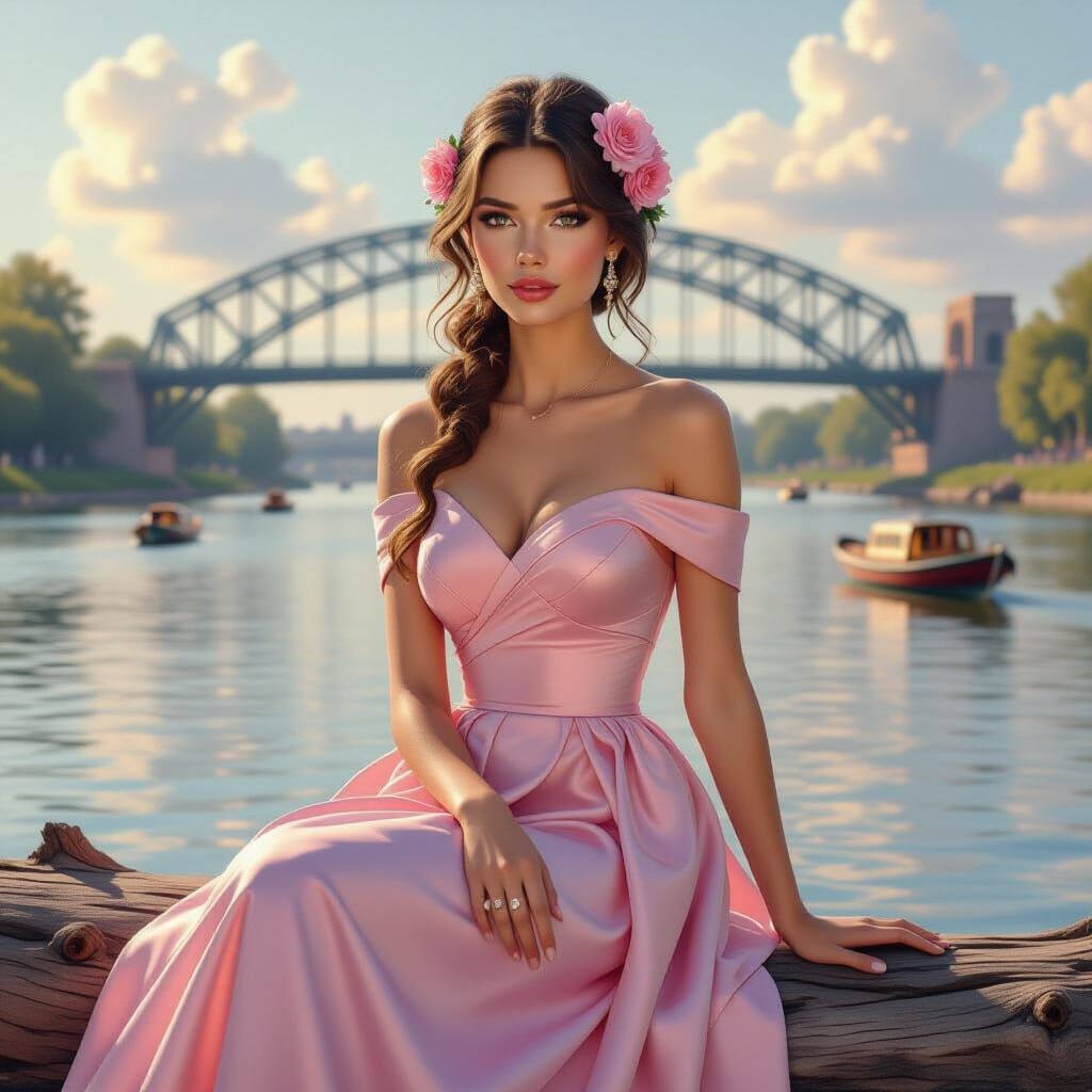 Woman in Pink Dress by River in Golden Hour Light