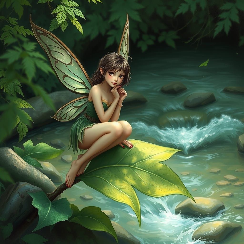 A young fairy woman with moth wings is perched on a leaf beside a stream.