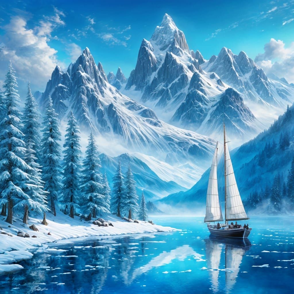 Sailboat on Ice Lake: Ethereal Fantasy Landscape