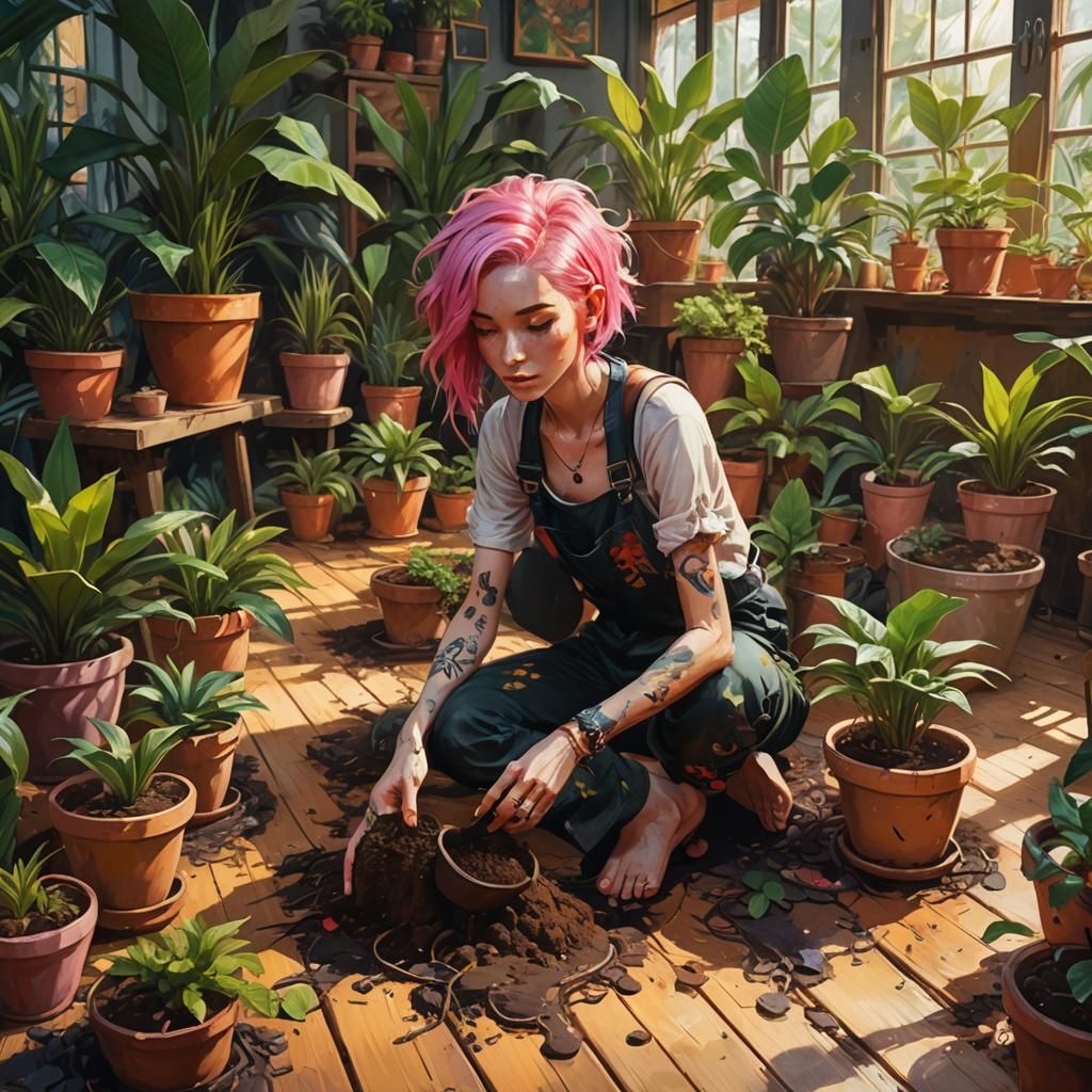 Fantasy Art: Girl with Pink Hair and Tropical Plants