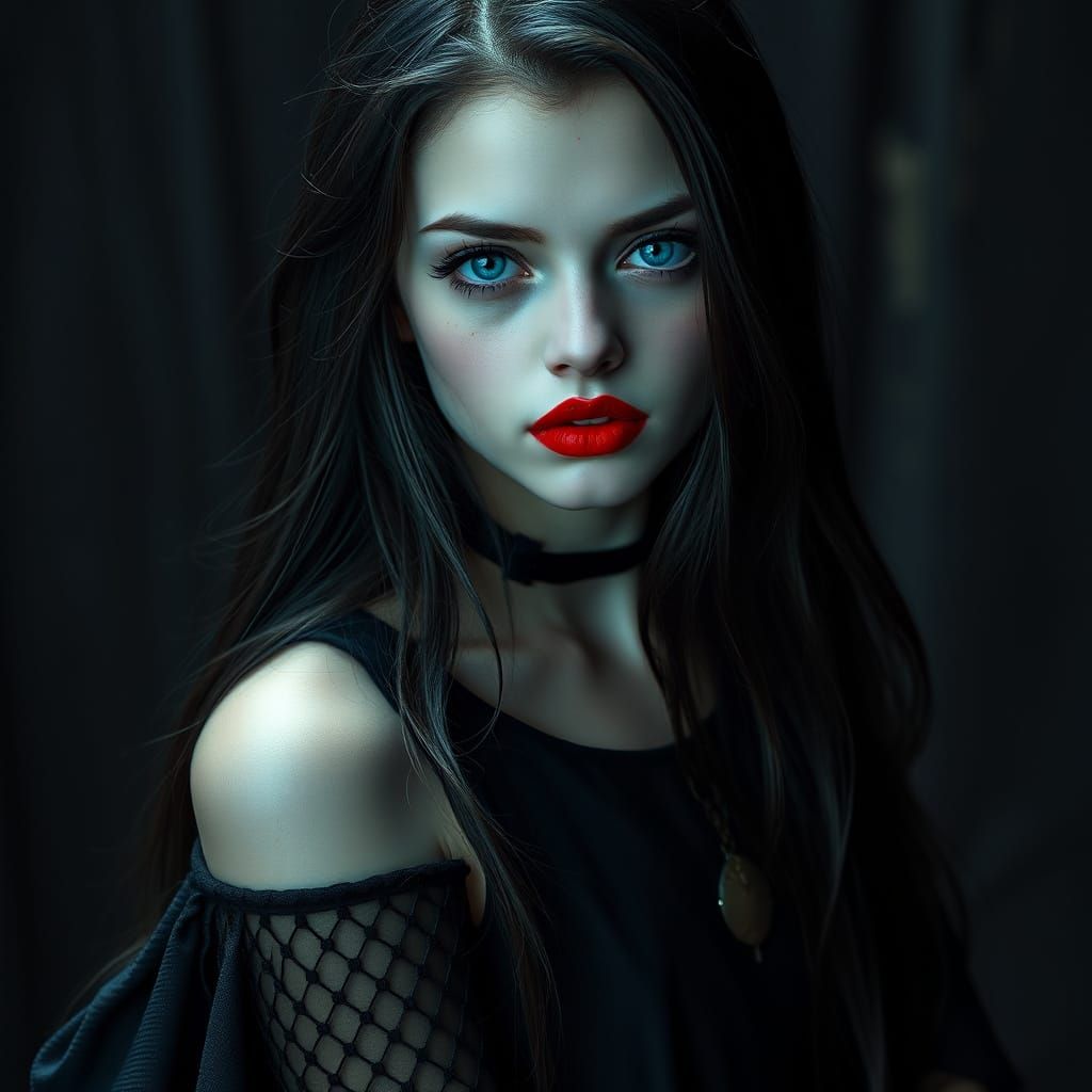 Gothic Woman with Blue Eyes in Dramatic Lighting