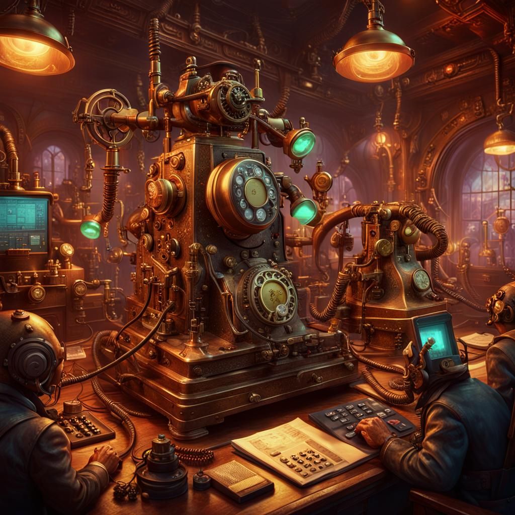 Steampunk Monster Call Center in Hell, Hyperrealistic Photo