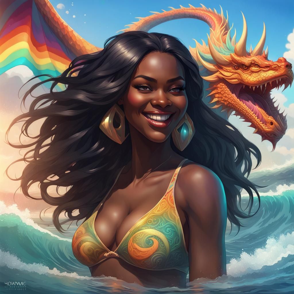 Nigerian Girl and Dragon in a Rainbow Ocean