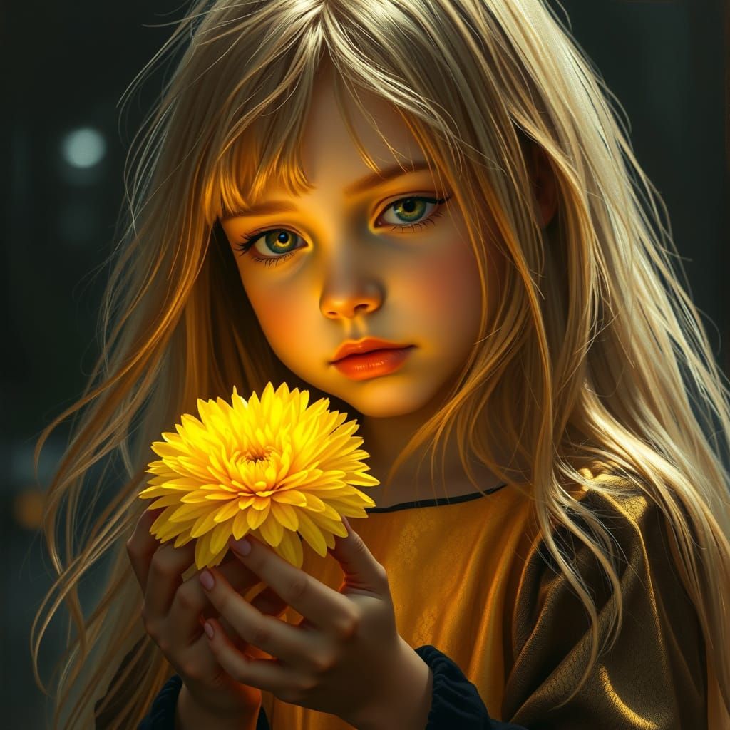 Glowing Chrysanthemum Girl in Art Nouveau Style