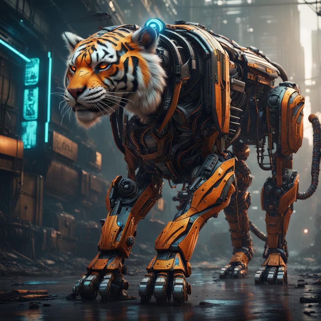 Cyberpunk Robot Tiger in Detailed Matte Painting