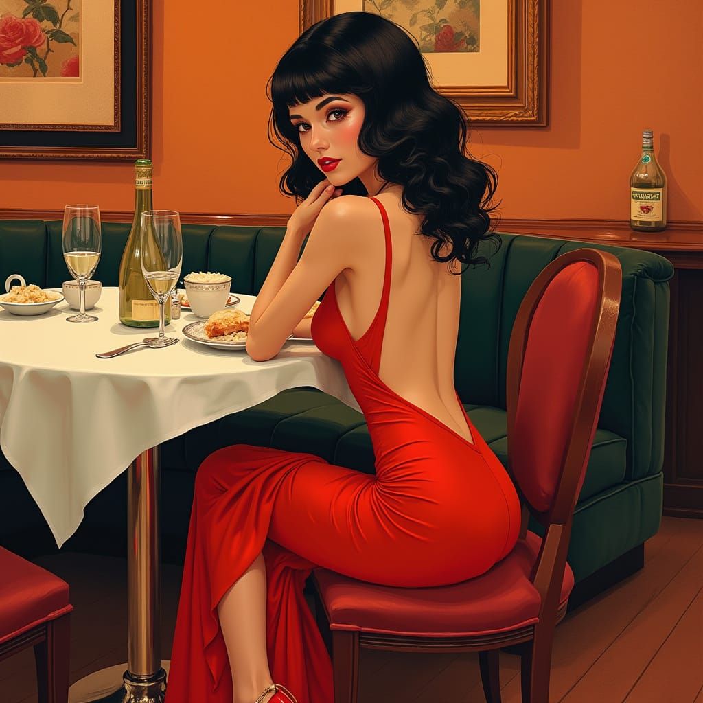 Elegant Woman in Red Gown at Upscale Restaurant