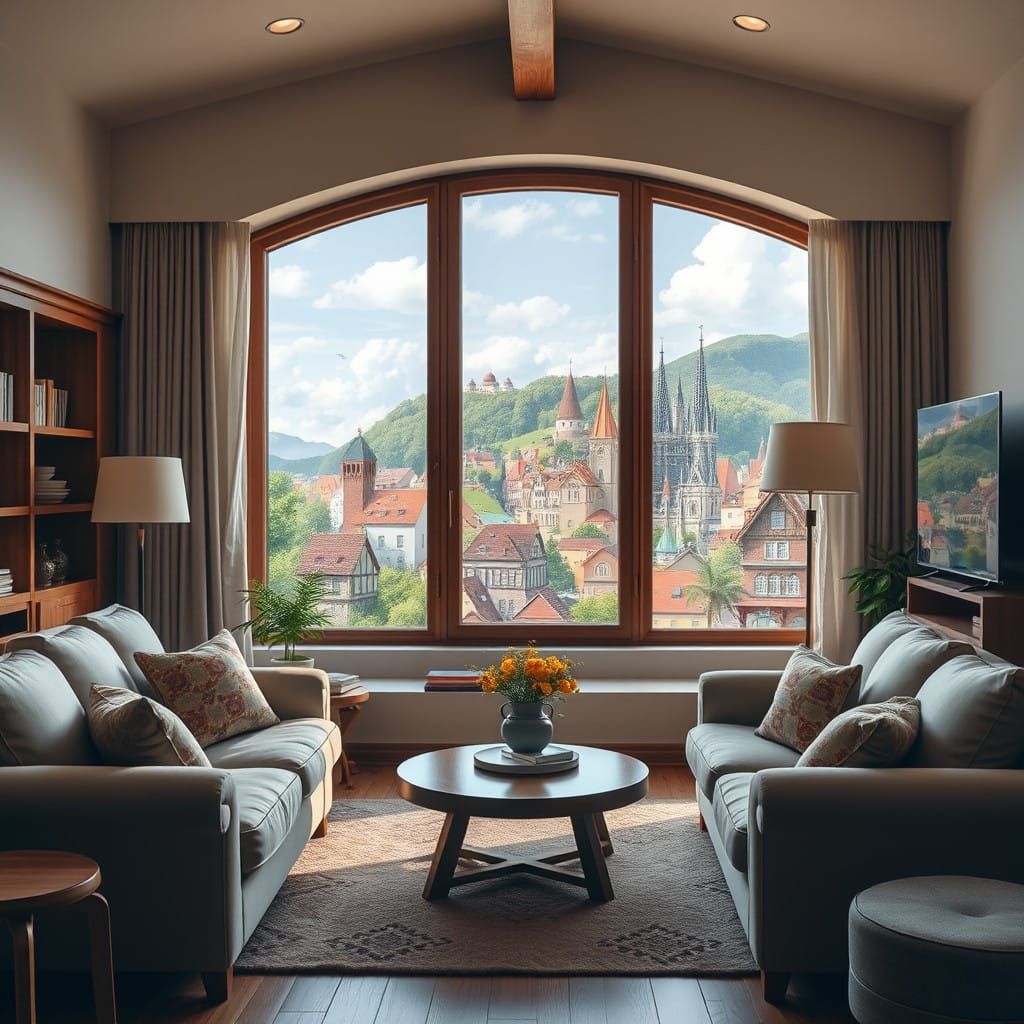 Cozy Living Room with Whimsical Cartoon Town View