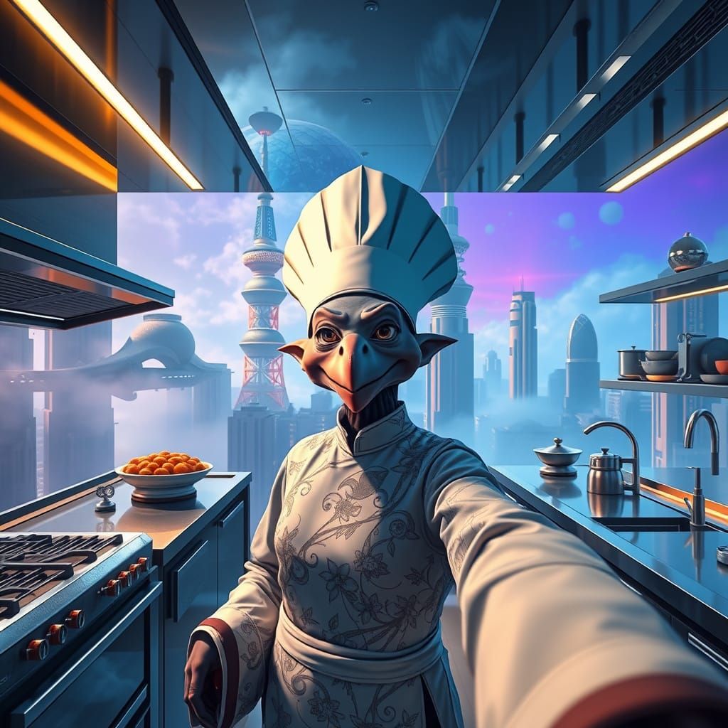 Historian's Whimsical Kitchen Selfie in a Gas Giant's Abando...