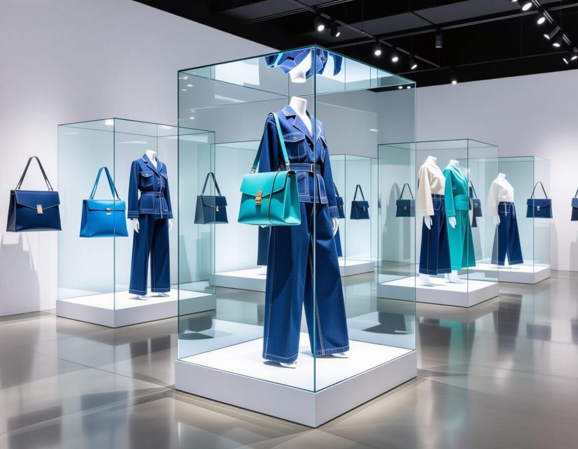 Exquisitely Crafted Denim Bags and Trousers Display