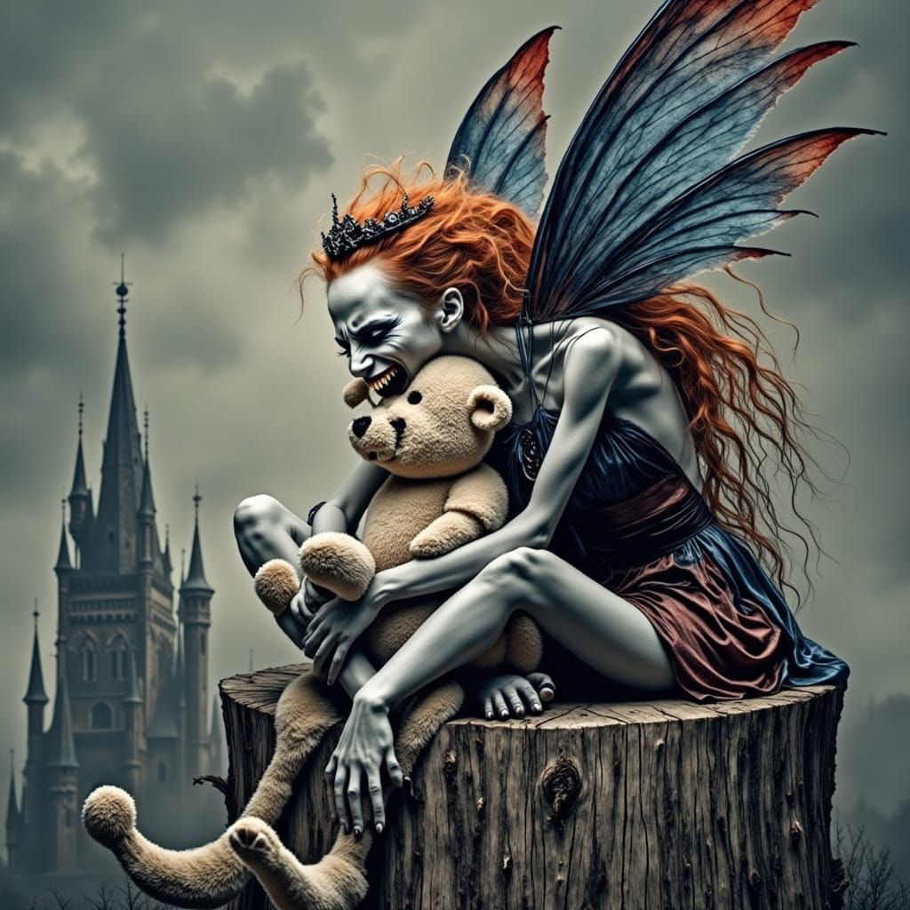 Ethereal Fairy Hugging Teddy Bear in Misty Landscape