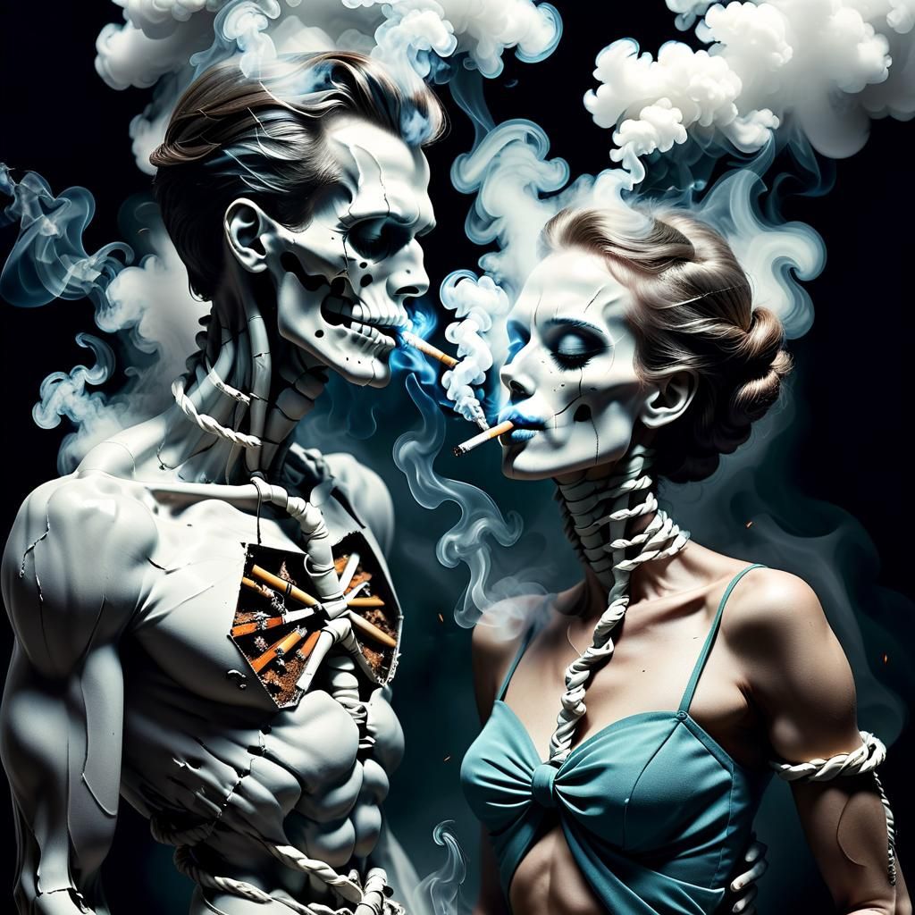 Ethereal Figures Smoking: Surreal Mixed Media Art