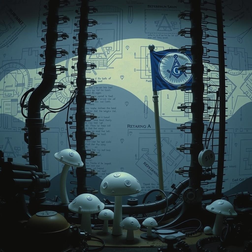 Linocut Mushroom Flags in Freemason-Inspired Style