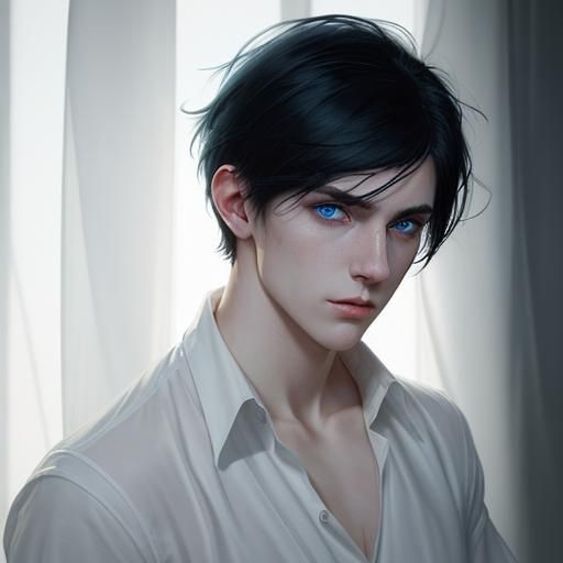 A young man around 20 with pale complexion, black messy curt...